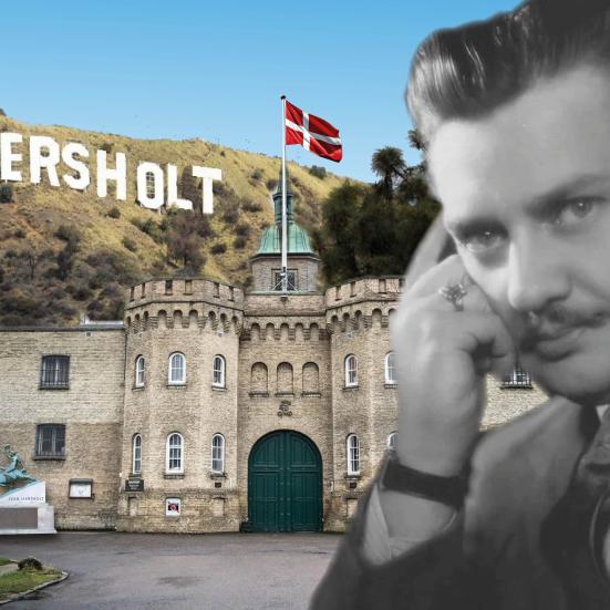 Fotomontage af Hans Hersholt foran Vridsløselille Fængsel