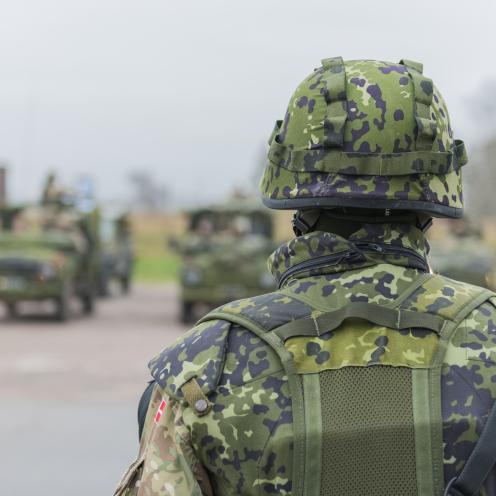 Soldat i grøn uniform, set fra ryggen, kigger på militære køretøjer i baggrunden. 